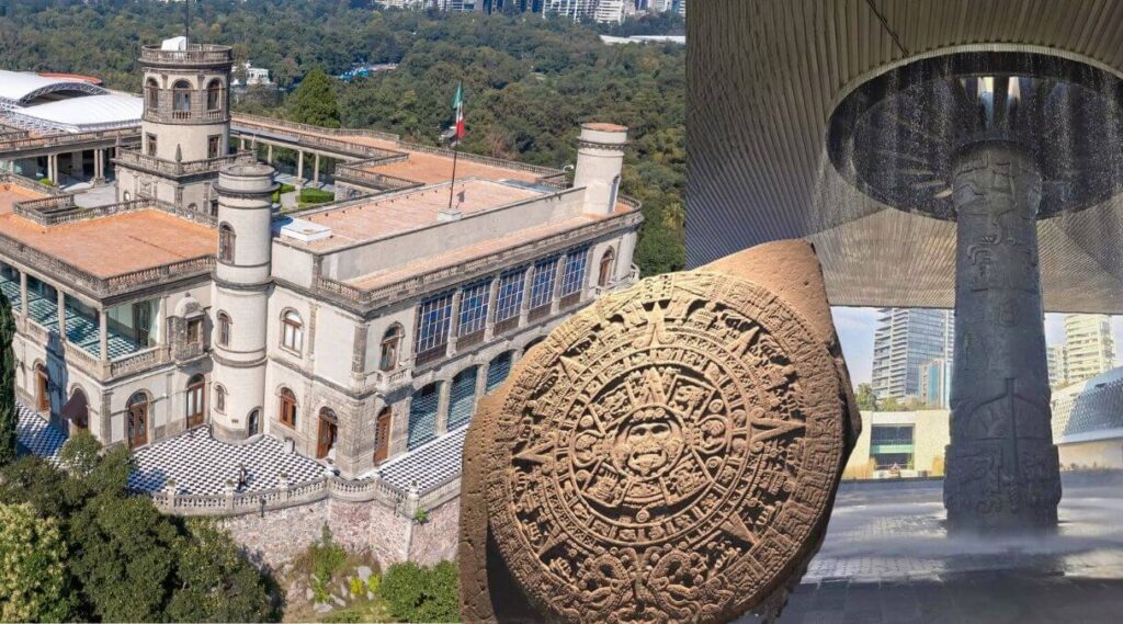Panoramic view of Chapultepec Castle and Interior Fountain inside Anthropology Museum along with the Aztec Calendar