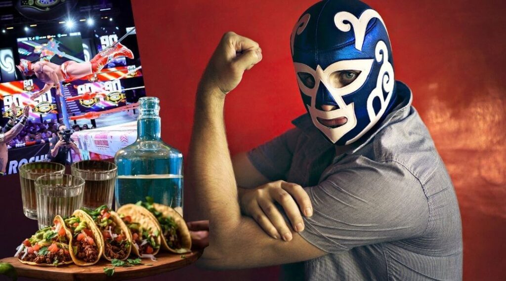 Lucha libre wrestler, Arena Mexico and street food tacos with mezcal