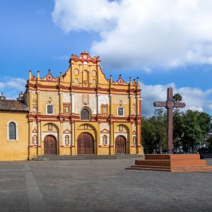 View of plaza and colonial church in San Cristobal de las Casas, Chiapas