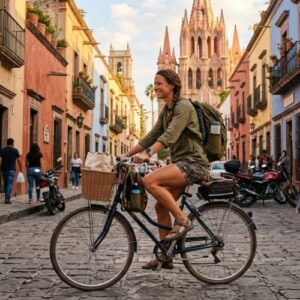 Girl biking San Miguel de Allende Magical Town Mexico.