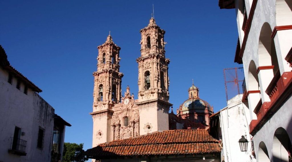 View of imponent Santa Prisca Church in Taxco Guerrero