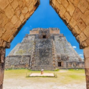 View of the Uxmal´s pyramid from an interior arch