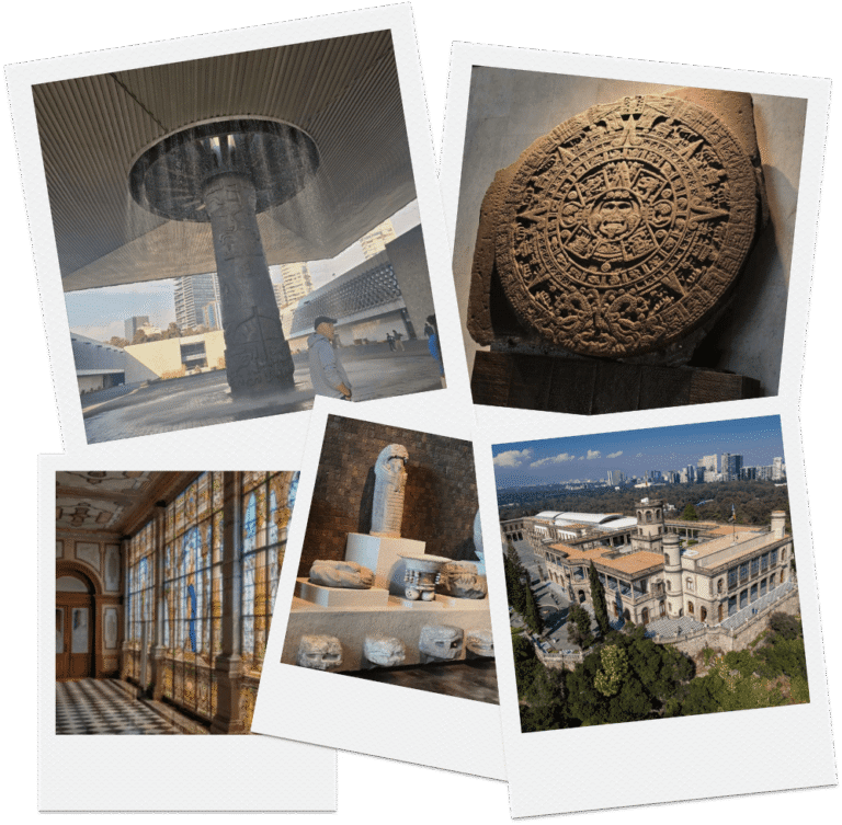 Collage showcasing Chapultepec Castle's white facade, the Aztec Sun Stone (Calendar), and the iconic umbrella fountain at the National Museum of Anthropology in Mexico City.
