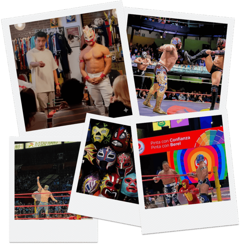 Picture collage of several moments of the meet and greet a wrestler at Arena Mexico experience.