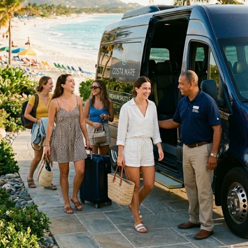 Four female friends being greeted by a professional chauffeur as they step out of a premium tour van onto a landscaped hotel walkway with a scenic beach in the background.