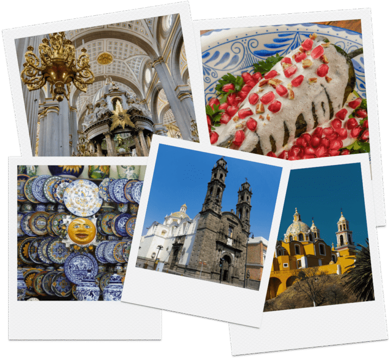 Picture Collage of main landmarks in Historic Downtown Puebla