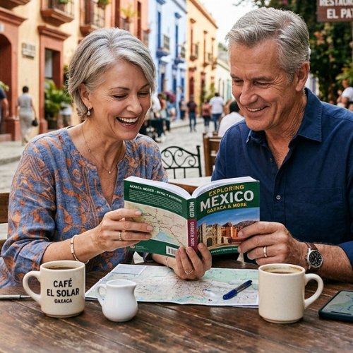 Happy retired expat couple reviewing a Mexico travel guide and map at an outdoor cafe in a colorful colonial street.