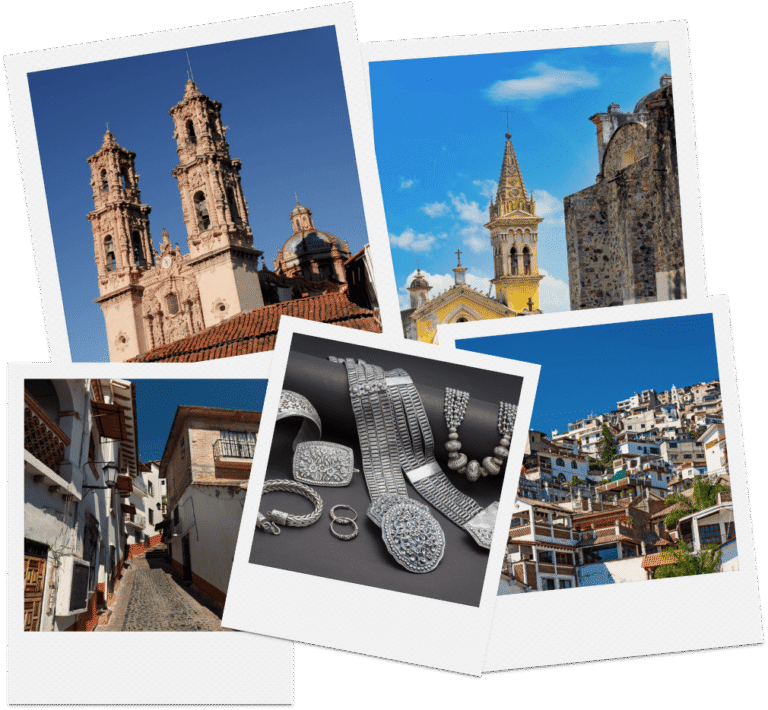 Picture collage of Santa Prisca and colonial town of Taxco Guerrero Mexico