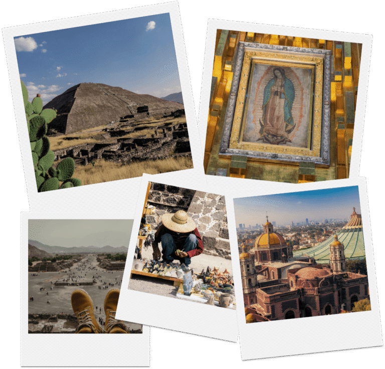 Picture collage of these iconic landmarks, Teotihuacan Pyramids and Basilica of our Lady of Guadalupe.