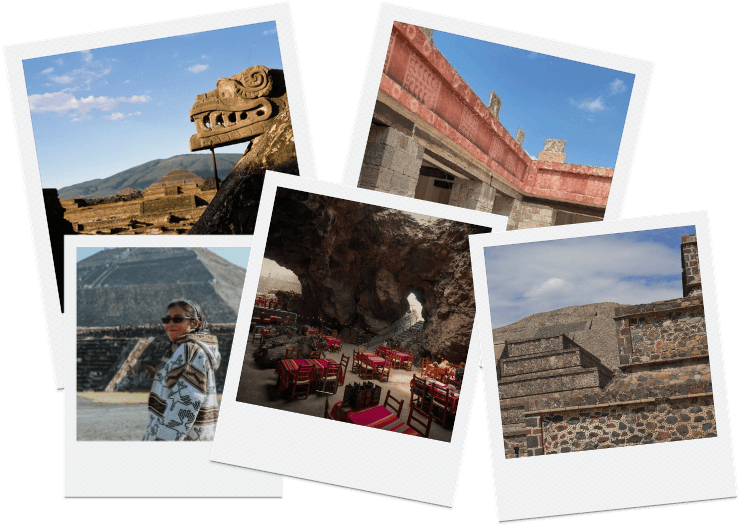Teotihuacan tour highlights: Ancient pyramids, architectural temple details, a traveler exploring the site, and breakfast at the Cave Restaurant.