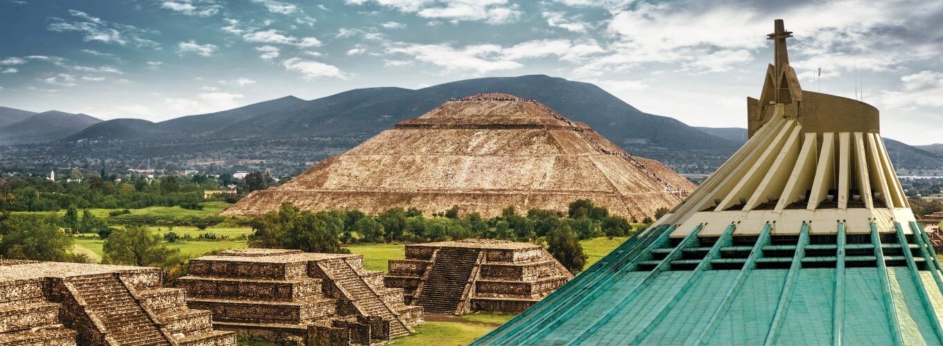 Panoramic view of Teotihuacan Archaelogical Site and the Basilica of Our lady of Guadalupe