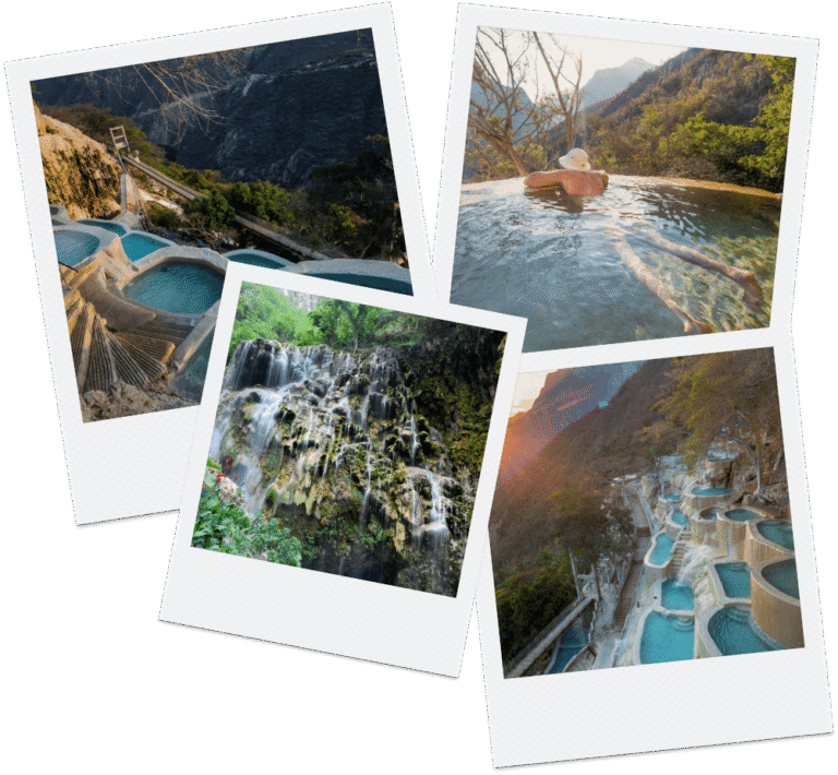 Picture collage of relaxing hot springs in Tolantongo Mexico