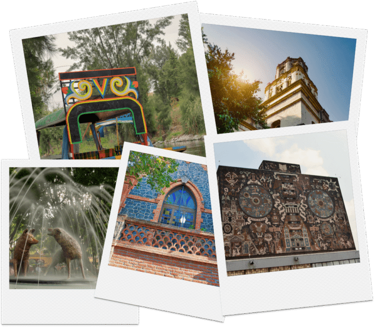 Picture collage of colorful Xochimilco trajinera, colonial Coyoacan and UNAM library