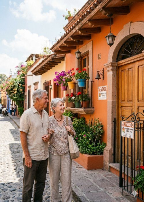 An aged couple looking at a mexican house on sale.